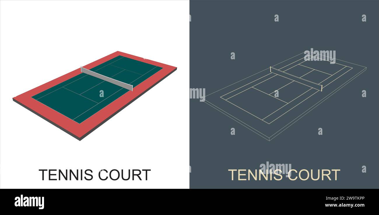 Vector Tennis Court modern minimalist line blueprint wireframe Stock Vector