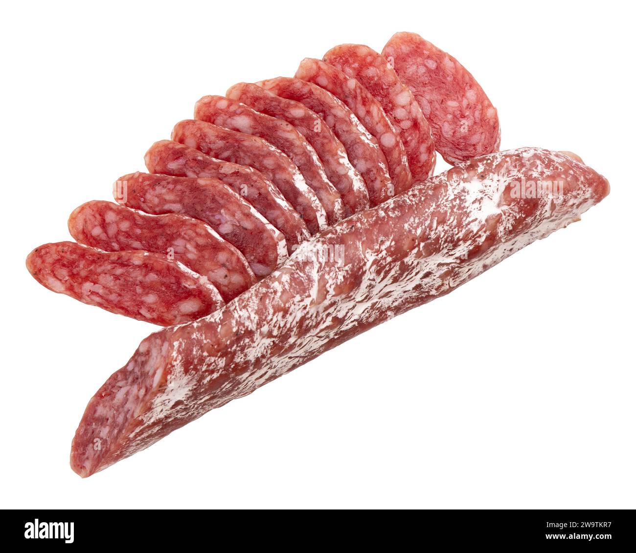 dried salami with white mold isolated on white background with clipping