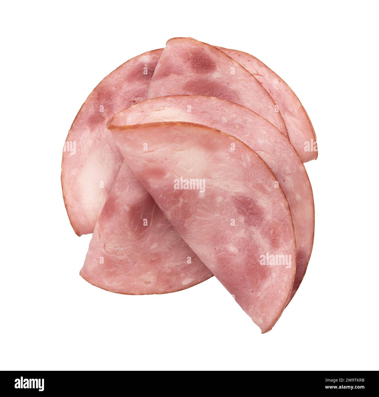 round pieces of ham isolated on white background with clipping path, pieces of pork ham cut into slices laid out to create layout, italian food Stock Photo