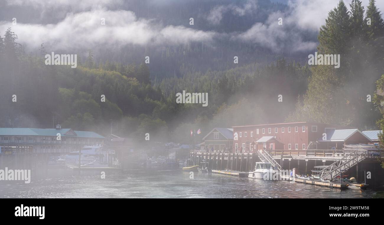 Telegraph Cove harbour in the morning mist, Vancouver Island, British Columbia, Canada. Stock Photo