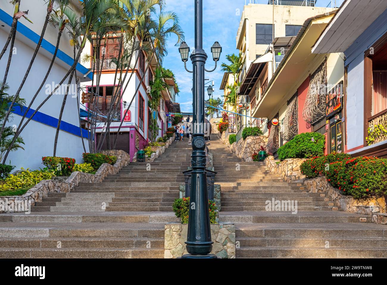 Steps to the top of Santa Ana Hill in Guayaquil with colorful colonial architecture, Ecuador. Stock Photo