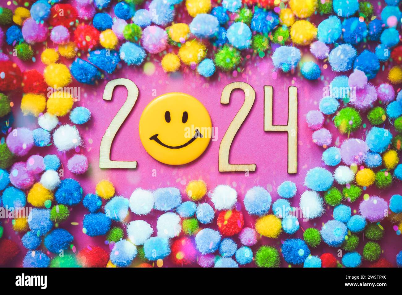 Die Jahreszahl 2024 mit Smiley, Symbolfoto Neujahr 2024 *** The year 2024 with smiley, symbolic photo New Year 2024 Stock Photo