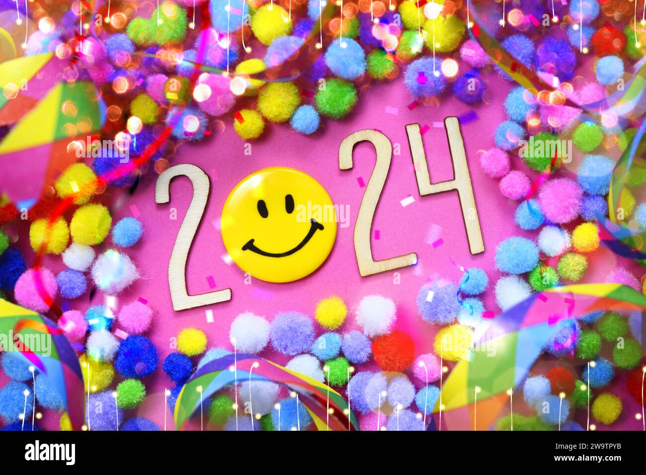 FOTOMONTAGE, Die Jahreszahl 2024 mit Smiley, Symbolfoto Neujahr 2024 *** FOTOMONTAGE, The year 2024 with smiley, symbolic photo New Year 2024 Stock Photo