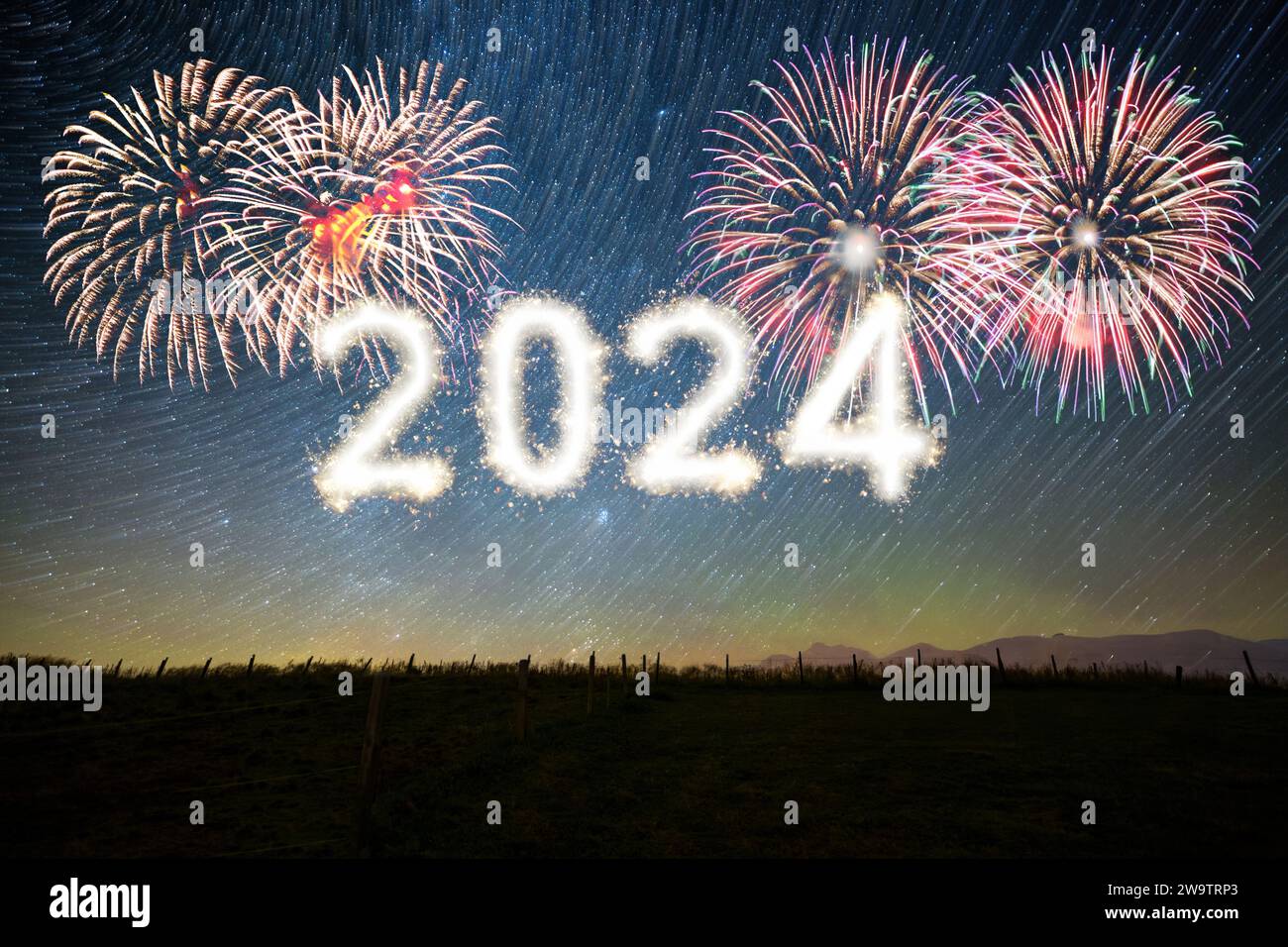 New Year's celebration 2024 on New Year's Eve, starry sky, fireworks