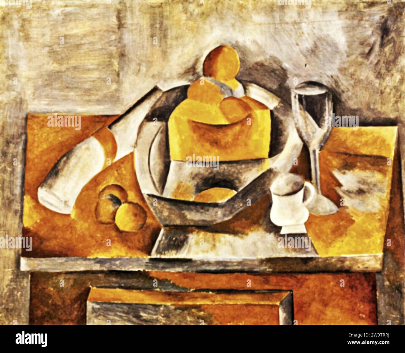 Still life with brioche, 1909 (Painting) by Artist Picasso, Pablo (1881-1973) / Spanish. Stock Vector