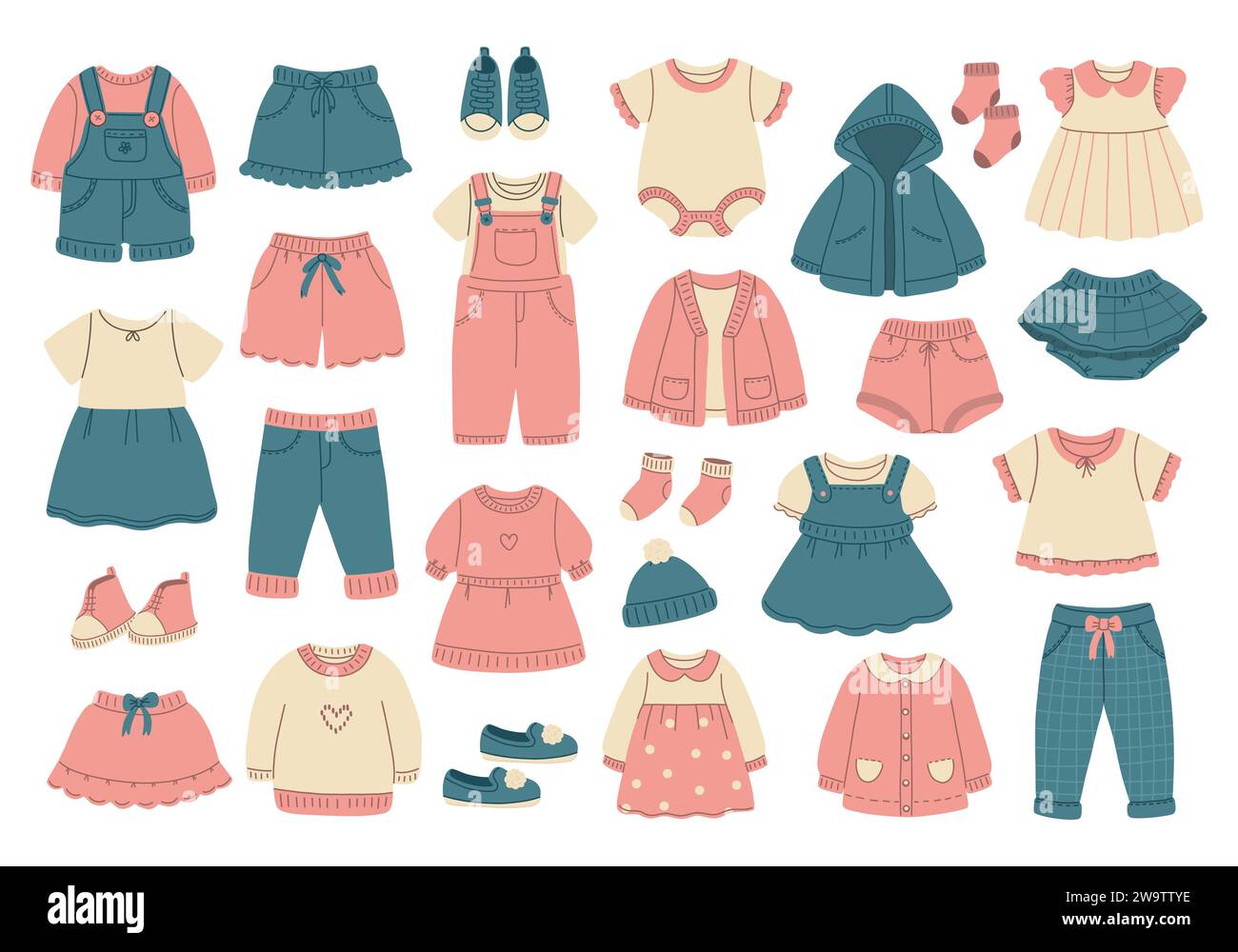 Modern kids clothes set. Fashion garments for girls. Collection of stylish casual children wearing.  Stock Vector