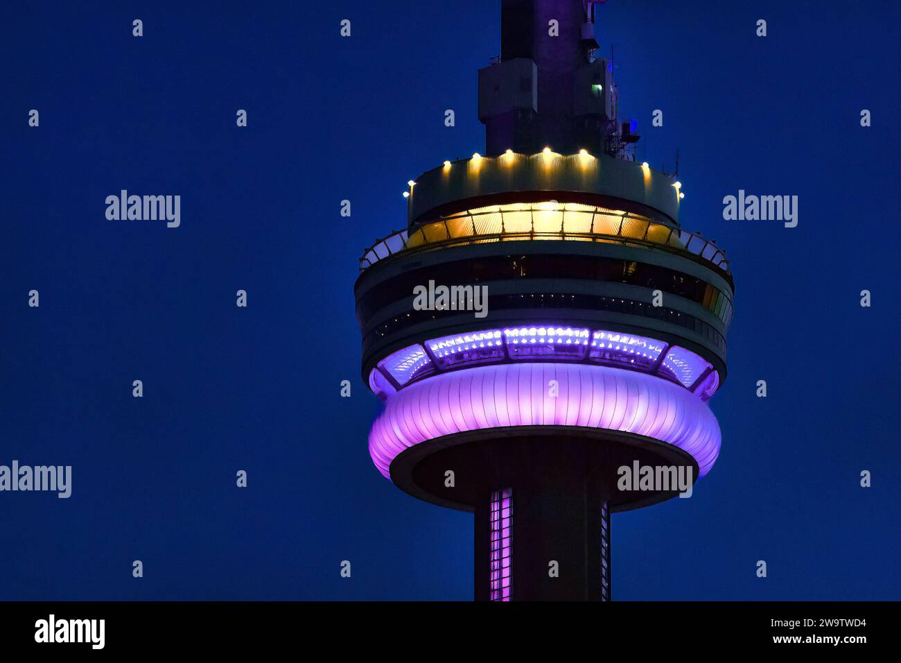 Toronto, Ontario, Canada-April 20, 2016: CN Tower upper part. The Tower is a symbol of Canadian history and a Landmark is visited by locals and touris Stock Photo