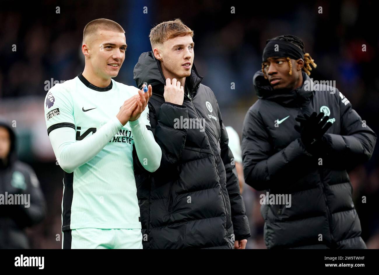 Left to right, Chelsea's Alfie Gilchrist, Cole Palmer and Noni Madueke