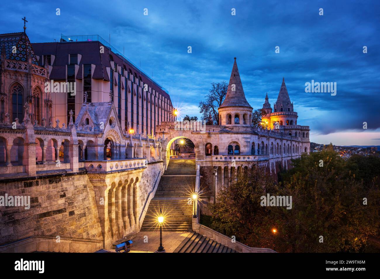Fisherman's Bastion  is the panoramic viewing terrace with fairy tale towers in Budapest. View at night Stock Photo