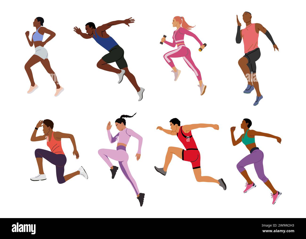 Runners set. Male and female athletes running. Stock Vector