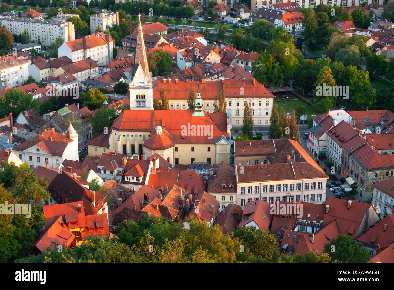 View down towards the old town from castle hill in Ljubljana in Slovenia in Eastern Europe Stock Photo
