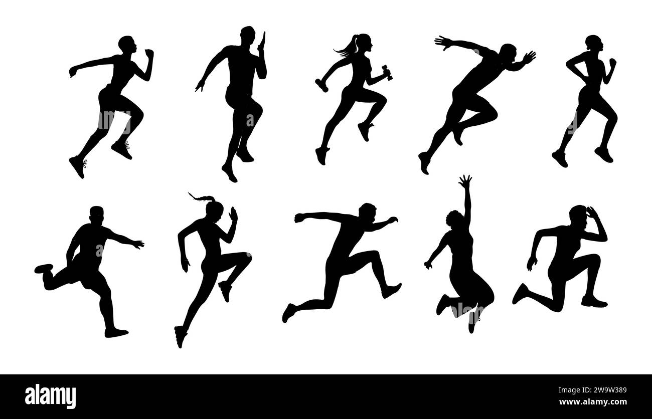 Silhouettes of Male and female athletes running. Stock Vector