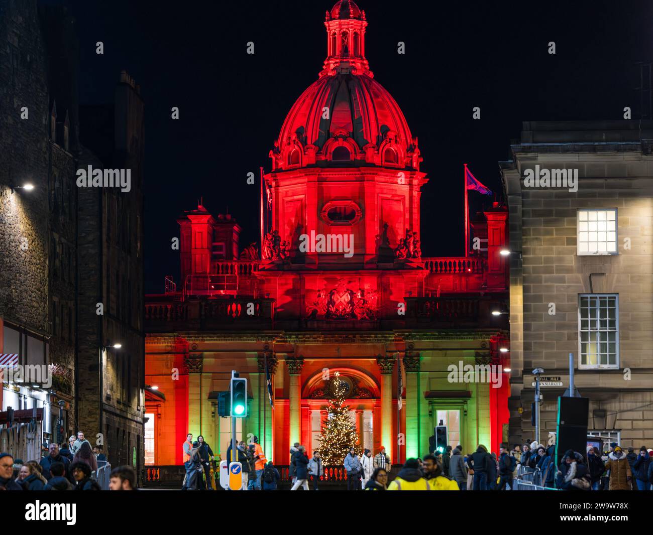 Lloyds Banking grand domed building headquarters on The Mound lit up at night at Christmas, Edinburgh, Scotland, UK Stock Photo