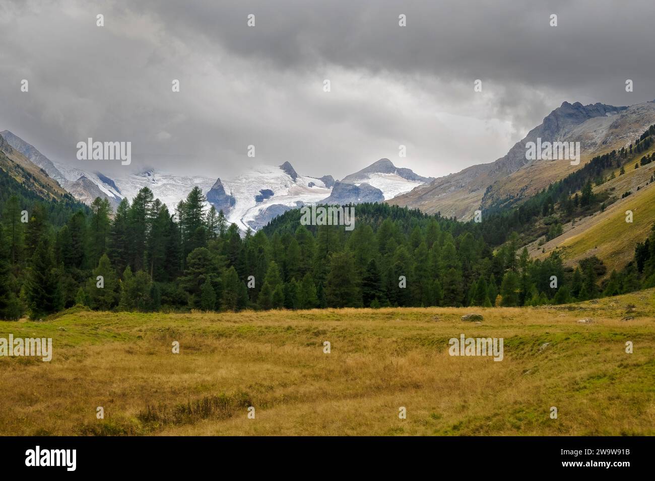The Roseg valley under the peaks Il Caputschin, La Muongia, Forcola Alta and Roseg Glacier, St. Moritz, Switzerland Stock Photo