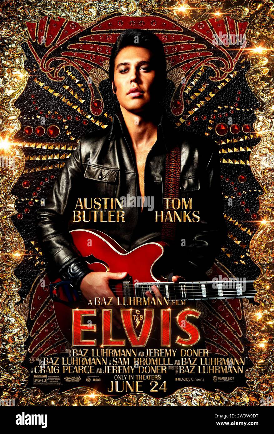 Elvis (2022) directed by Baz Luhrmann and starring Tom Hanks, Austin Butler and Olivia DeJonge. The life of American music icon Elvis Presley, from his childhood to becoming a rock and movie star in the 1950s while maintaining a complex relationship with his manager, Colonel Tom Parker. US one sheet poster ***EDITORIAL USE ONLY***. Credit: BFA / Warner Bros Stock Photo