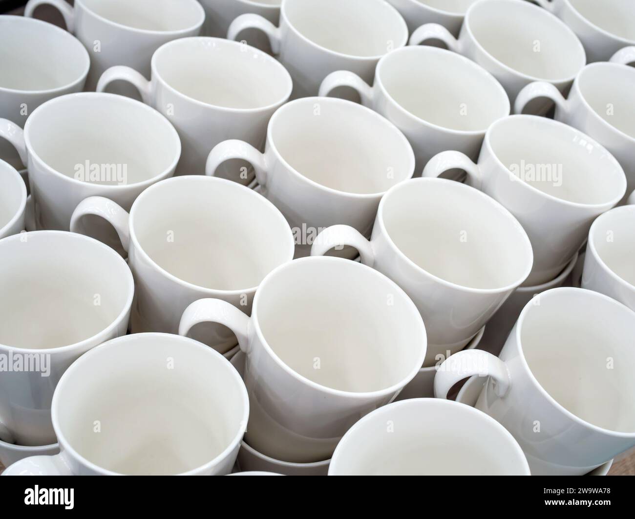 Empty ceramic white cups stand in rows Stock Photo