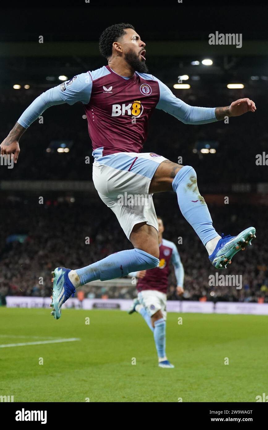 Aston Villa's Douglas Luiz celebrates after scoring his sides third goal of the game during the Premier League match at Villa Park, Birmingham. Picture date: Saturday December 30, 2023. Stock Photo