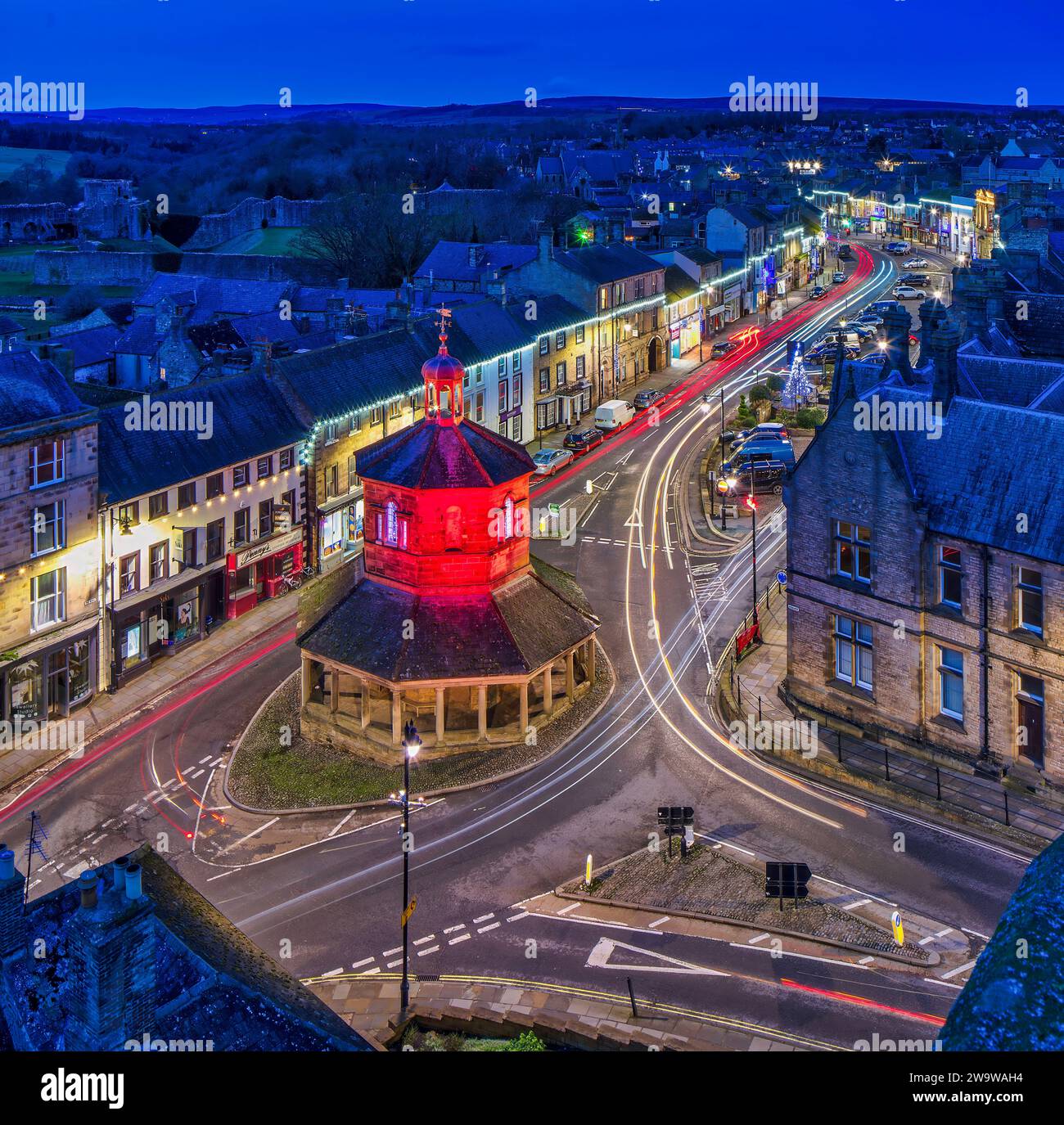 View at dusk of Barnard Castle at Christmas time with Christmas Lights