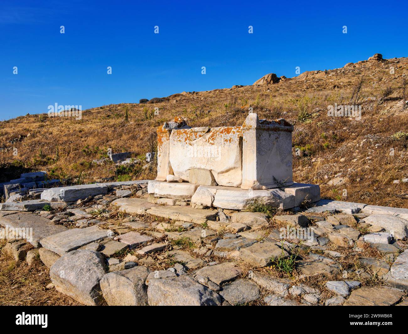 Sarcofagus at Delos Archaeological Site, Delos Island, Cyclades, Greece Stock Photo