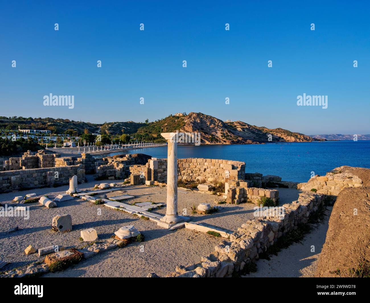 St. Stefanos Basilica Ruins at sunset, Agios Stefanos Beach, Kos Island, Dodecanese, Greece Stock Photo