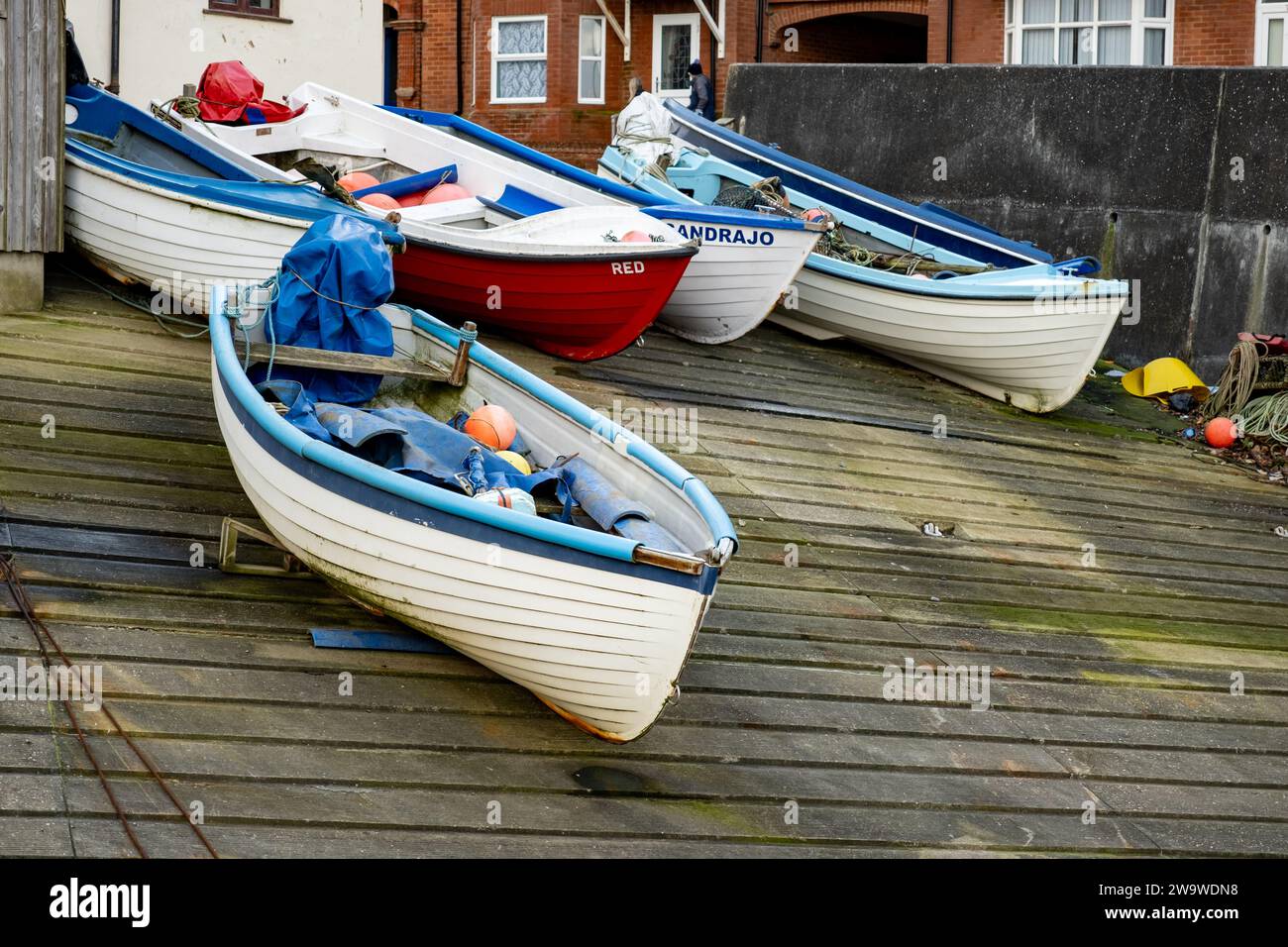 Sheringham, Norfolk, UK – December 29 2023. Boats on the slipway ...