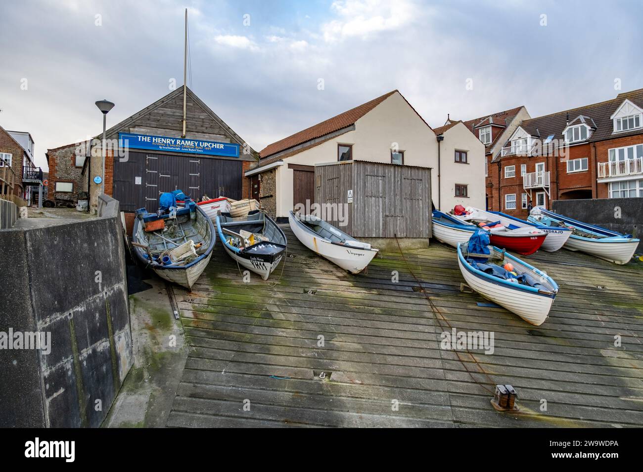 Sheringham, Norfolk, UK – December 29 2023. Boats on the slipway ...