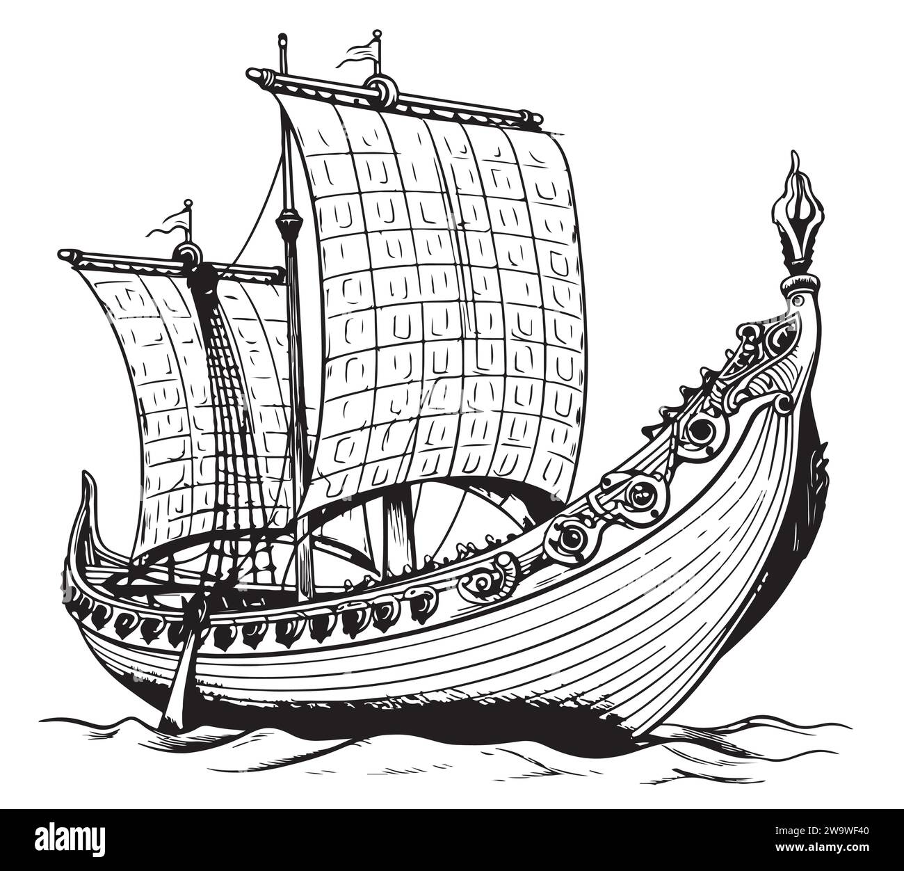 Viking ship. Medieval military boat with sails Vintage Vector illustration Stock Vector