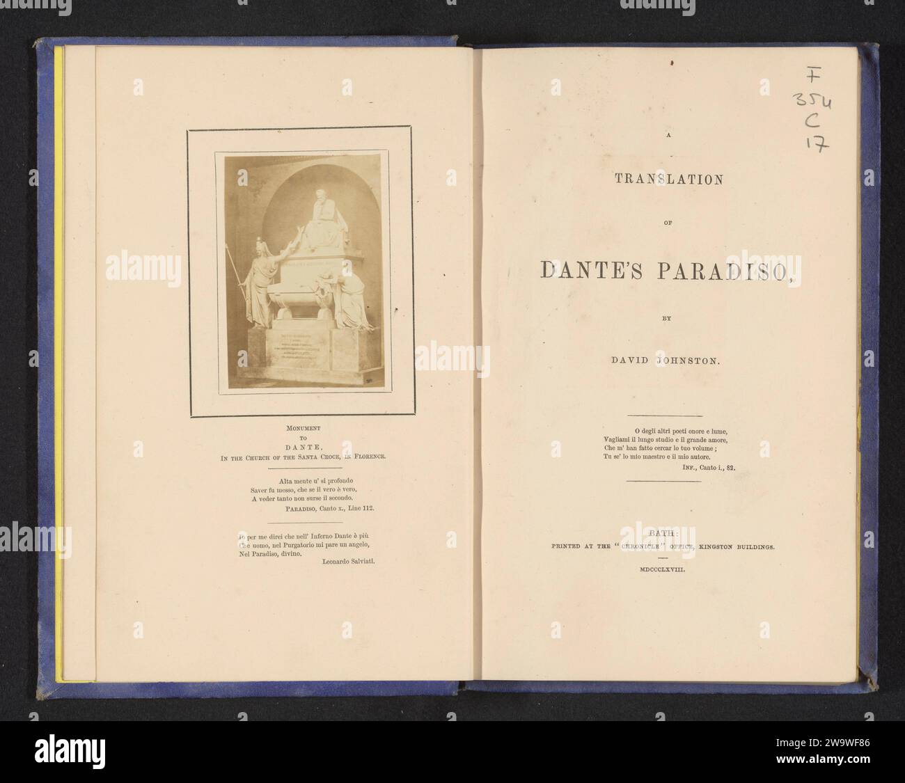 Translation of Dante's Paradiso, Dante Alighieri, book   paper. photographic support. linen (material) albumen print Stock Photo