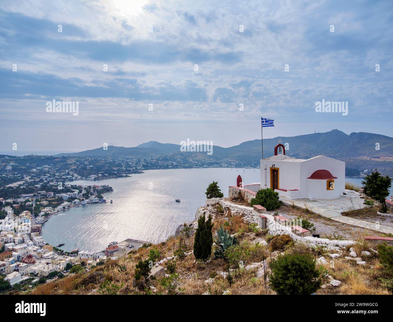 Church of Prophet Elias over the town of Agia Marina, Leros Island, Dodecanese, Greece Stock Photo