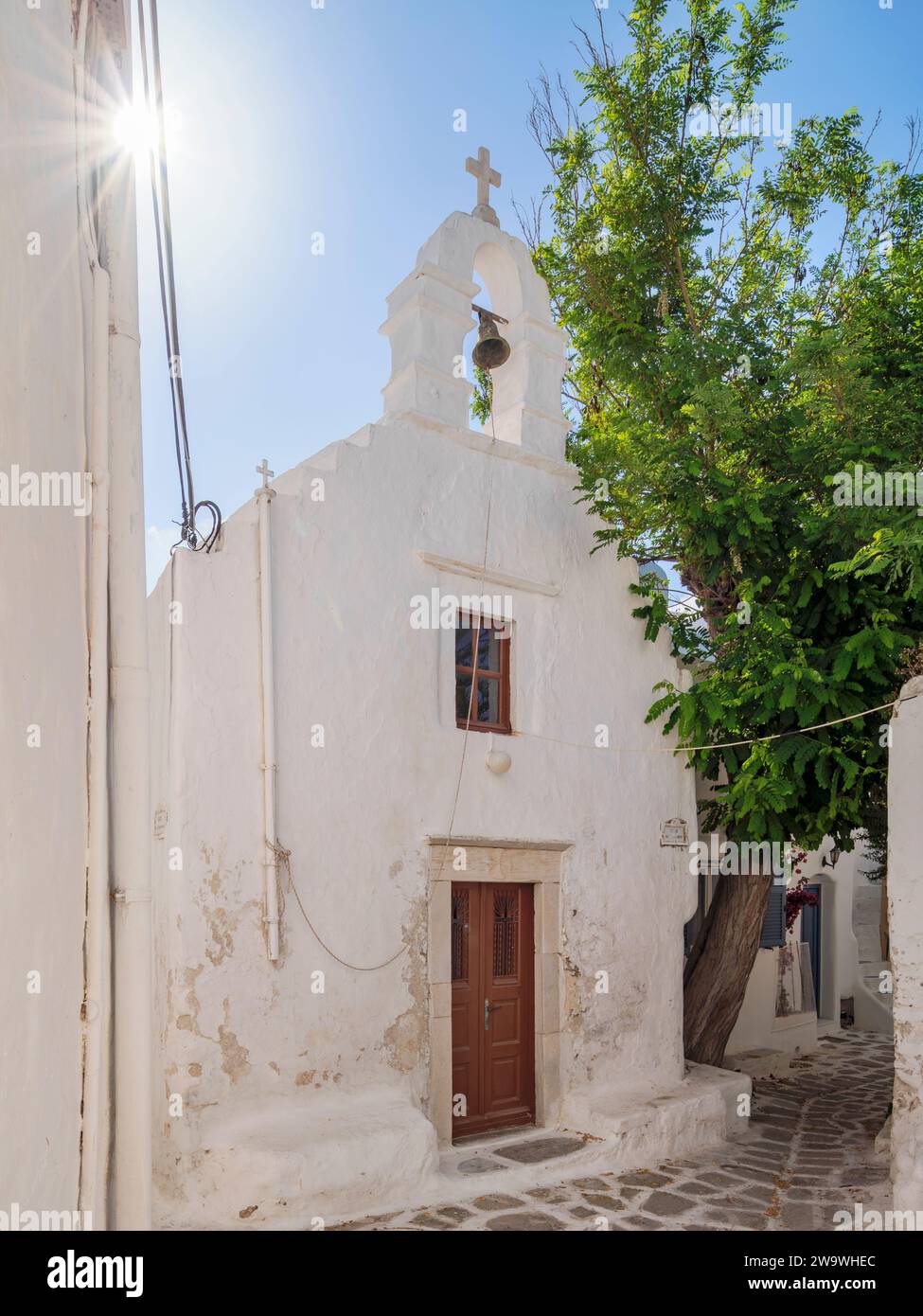 Whitewashed Church at Chora, Mykonos Town, Mykonos Island, Cyclades, Greece Stock Photo