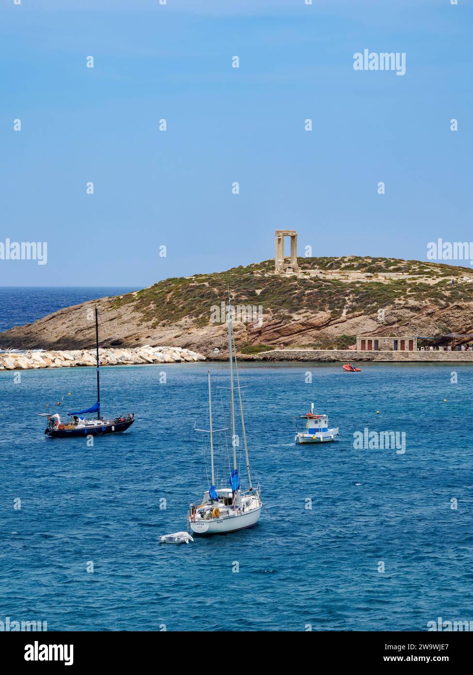 View towards Temple of Apollo, Chora, Naxos City, Naxos Island, Cyclades, Greece Stock Photo