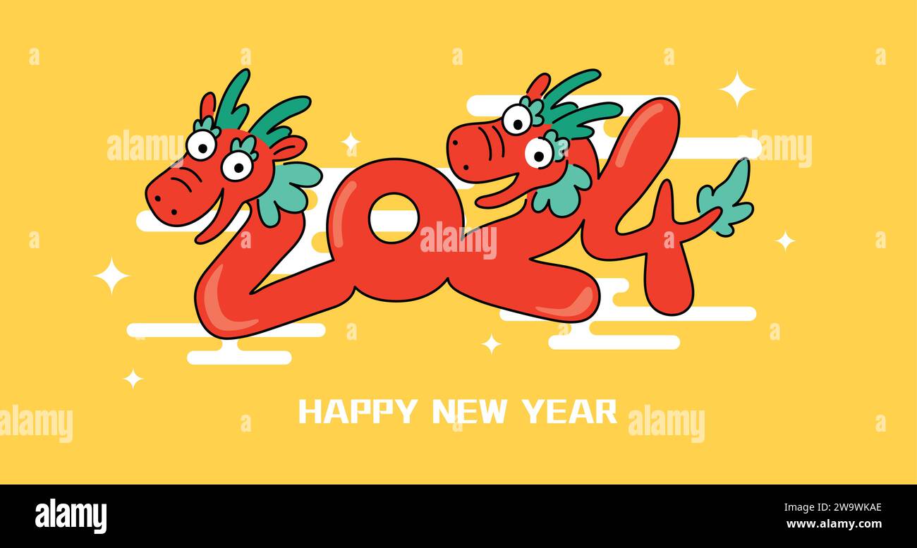 Year of the dragon 2024 funny cartoon card. Chinese new year greetings  vector illustration with asian dragons on clouds background Stock Vector  Image & Art - Alamy