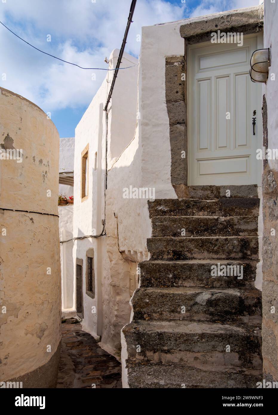 Street of Patmos Chora, Patmos Island, Dodecanese, Greece Stock Photo