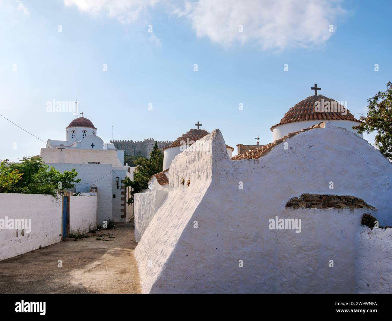 Whitewashed Churches of Patmos Chora, Patmos Island, Dodecanese, Greece Stock Photo