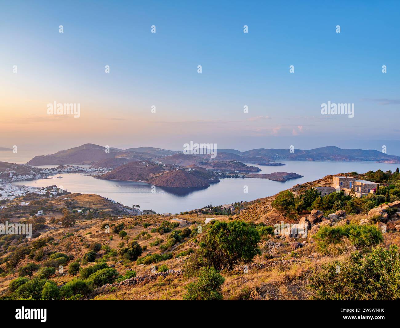 Landscape of Patmos Island at sunset, Dodecanese, Greece Stock Photo