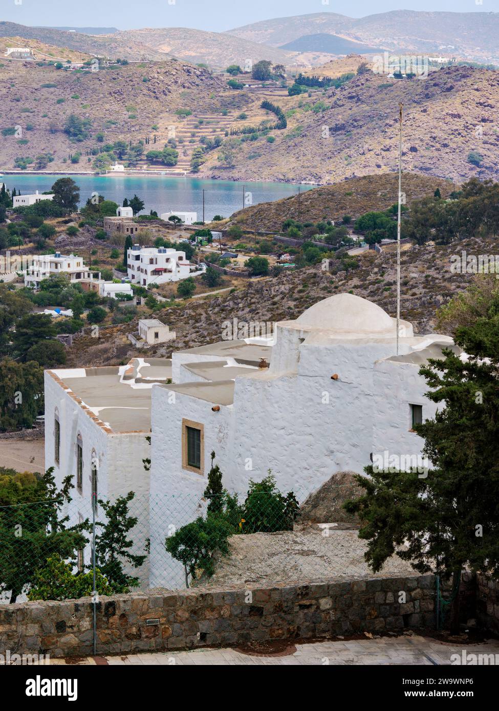 Cave of the Apocalypse Church, elevated view, Patmos Island, Dodecanese, Greece Stock Photo