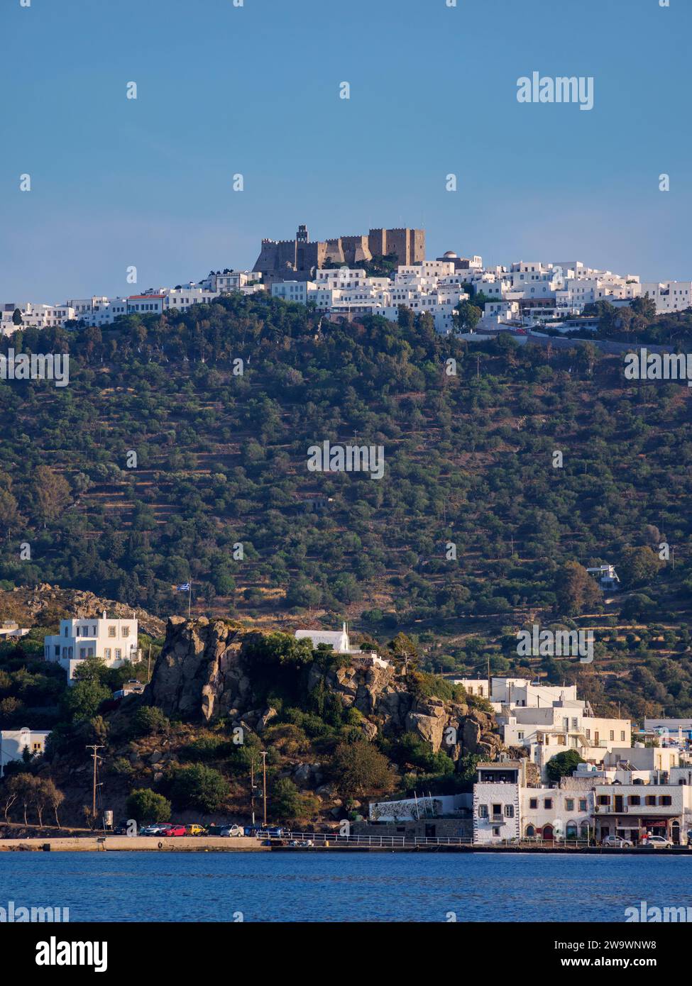 View over Skala towards the Monastery of Saint-John the Theologian and Patmos Chora, Patmos Island, Dodecanese, Greece Stock Photo