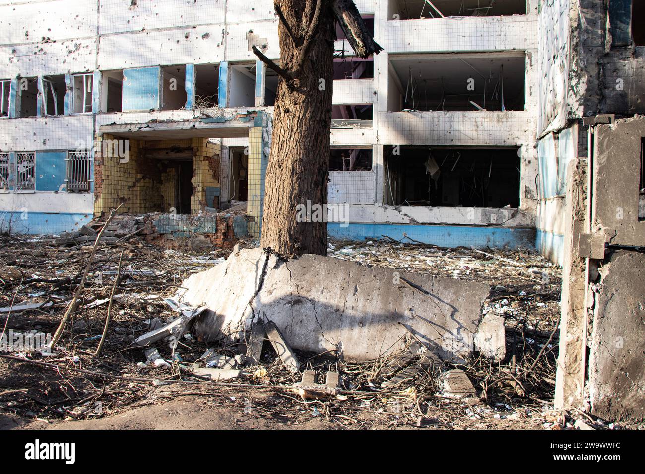 A maternity hospital destroyed by a Russian missile in the city of Dnepr in Ukraine 12/29/2023 during a massive missile attack, war in Ukraine Stock Photo