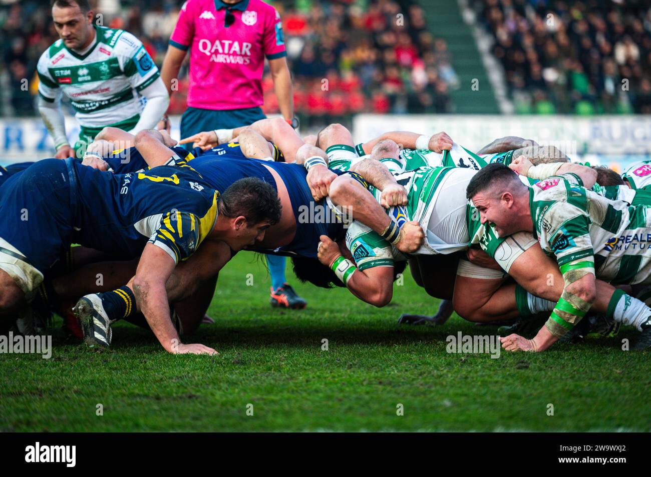 Treviso, Treviso, Italy. 30th Dec, 2023. A scrum action during the ...