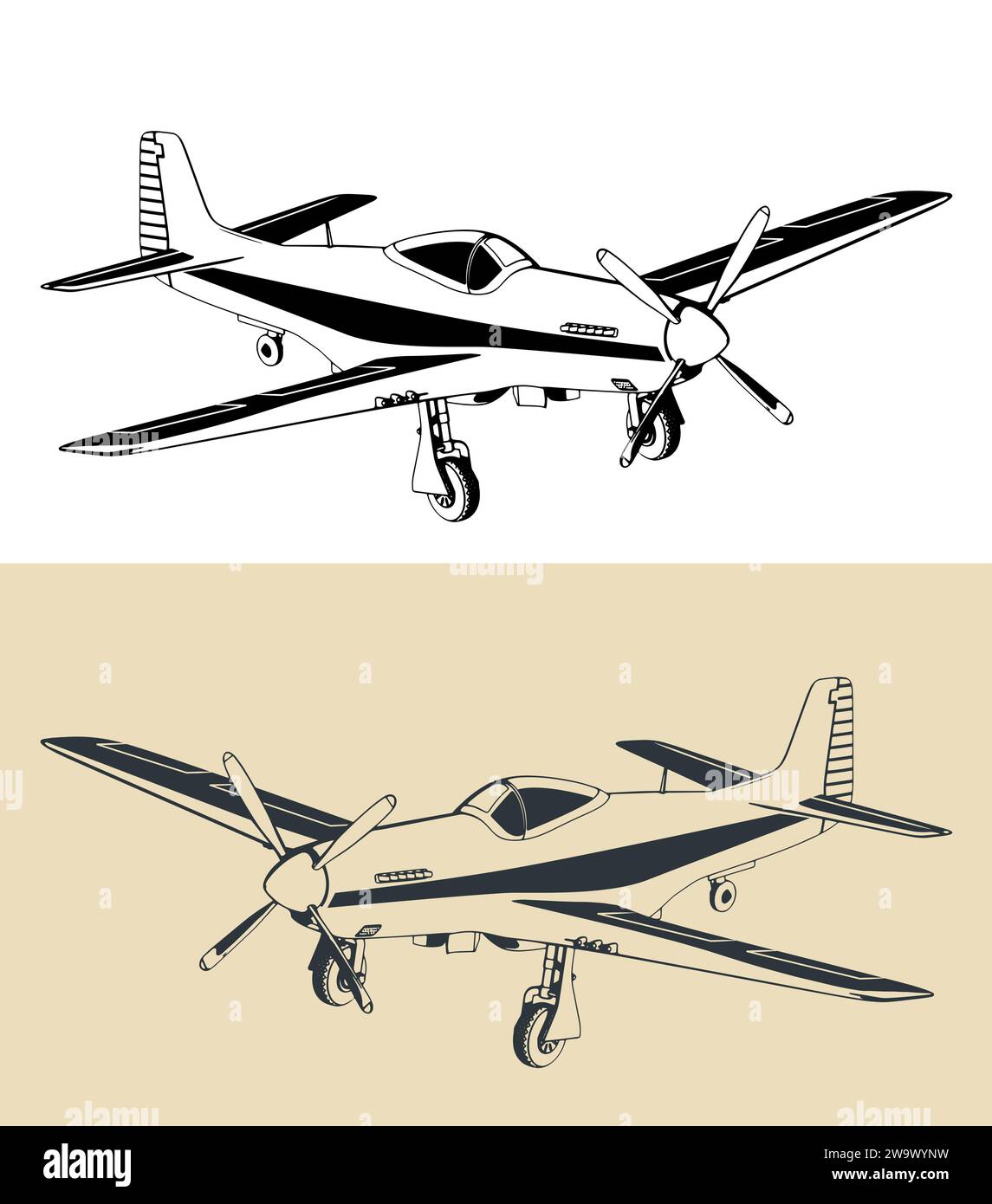 Stylized vector illustration of long-range, single-seat fighter and fighter-bomber used during World War II Stock Vector