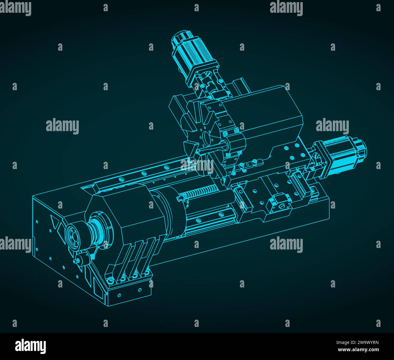 Stylized vector illustration of isometric blueprint of CNC lathe ...