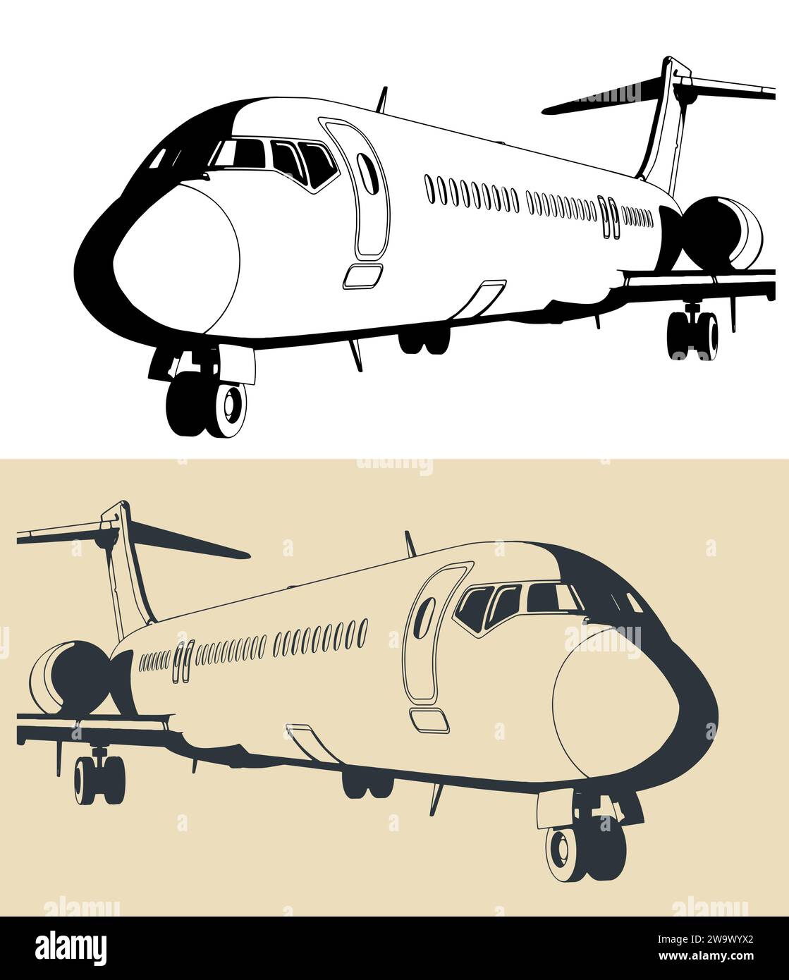 Stylized vector illustrations of a medium range passenger aircraft close-up Stock Vector