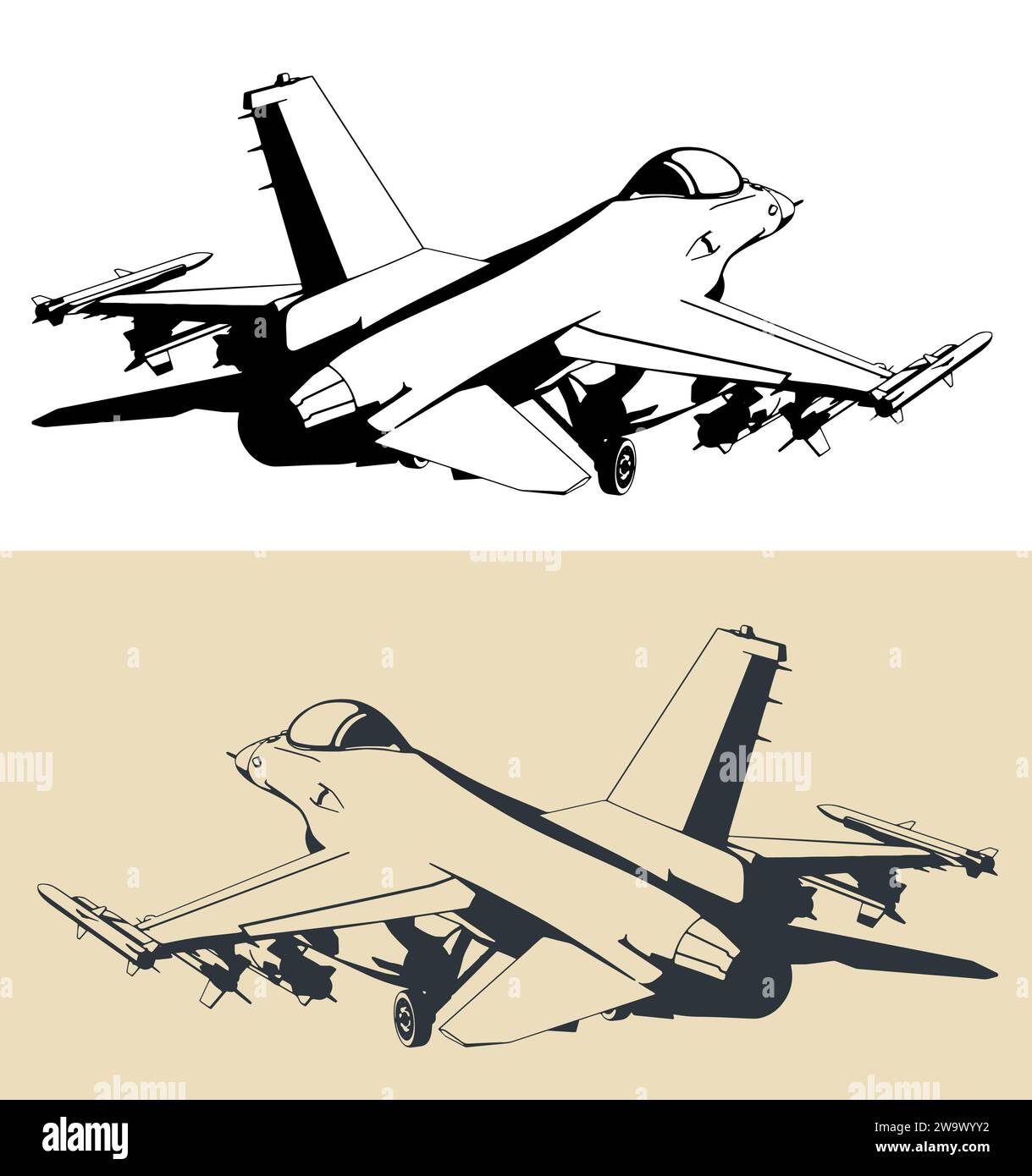 Stylized drawing of a modern military aircraft F-16 multirole light fighter Stock Vector