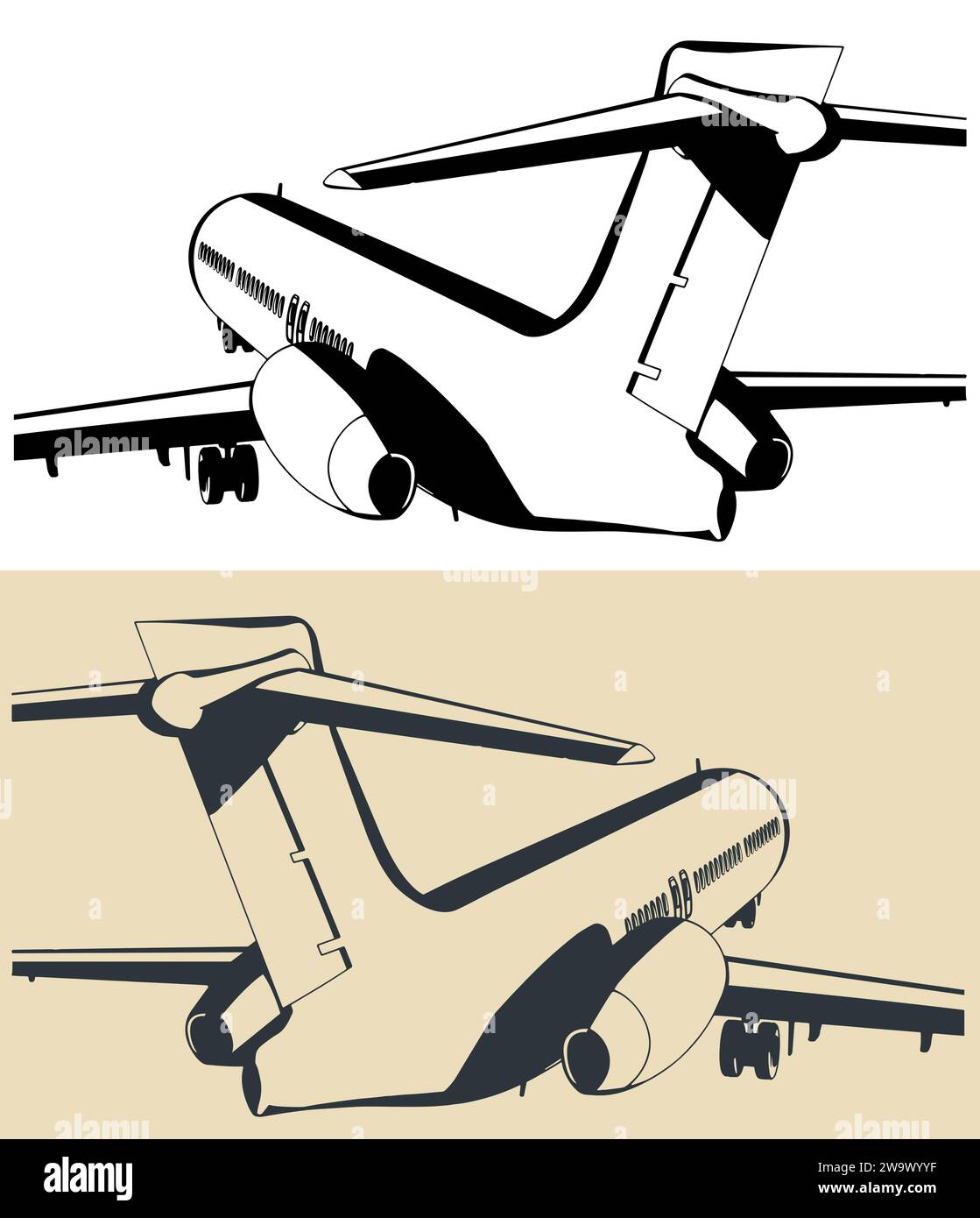 Stylized vector illustrations of a medium range passenger aircraft close-up Stock Vector