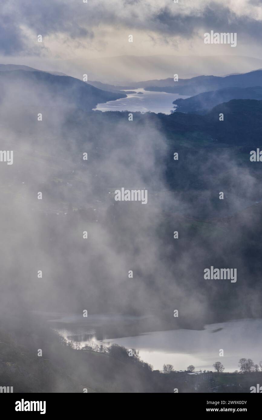 Grasmere and Coniston Water seen from Great Rigg, Grasmere, Lake District, Cumbria Stock Photo