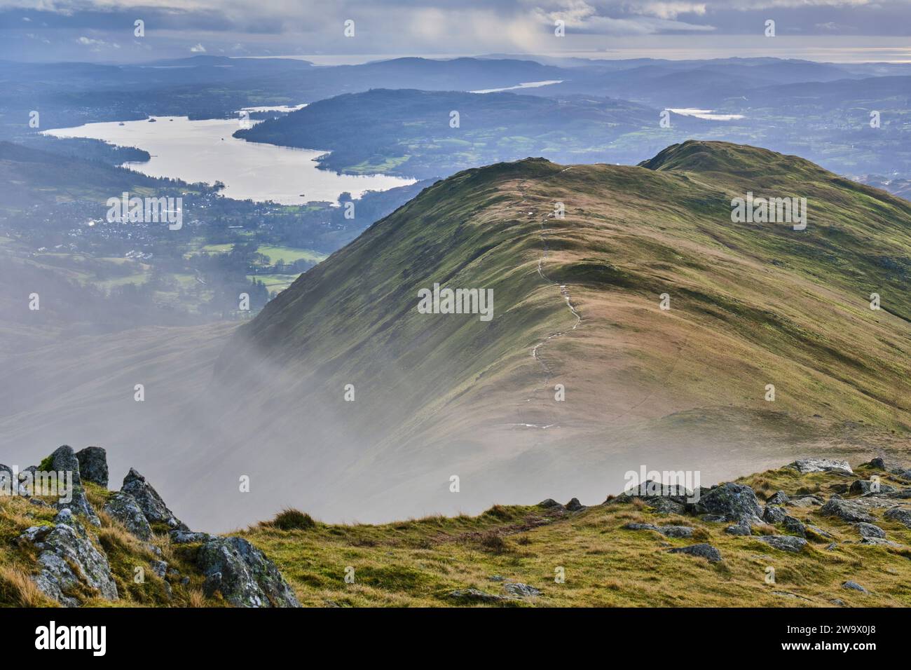 Windermere and Heron Pike seen from Great Rigg, Grasmere, Lake District, Cumbria Stock Photo