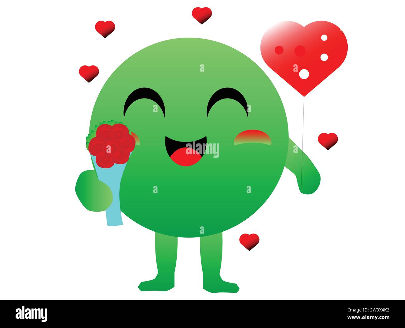 valentine's day celebration by cute green round characters carrying heart balloons and a bouquet of red rose Stock Vector