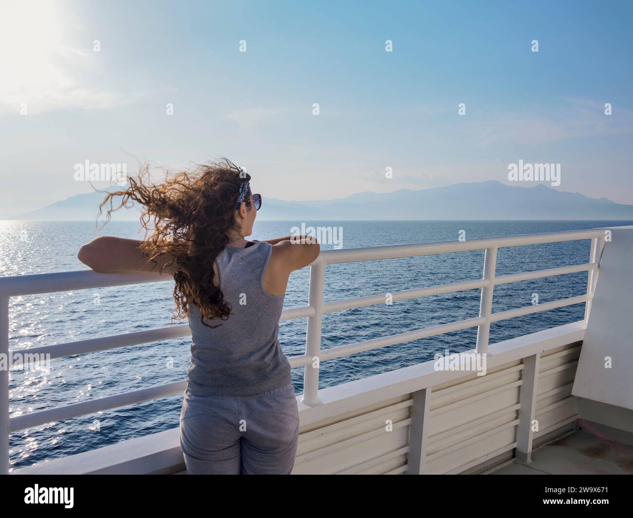 Ferry arriving to Samos Island, North Aegean, Greece Stock Photo