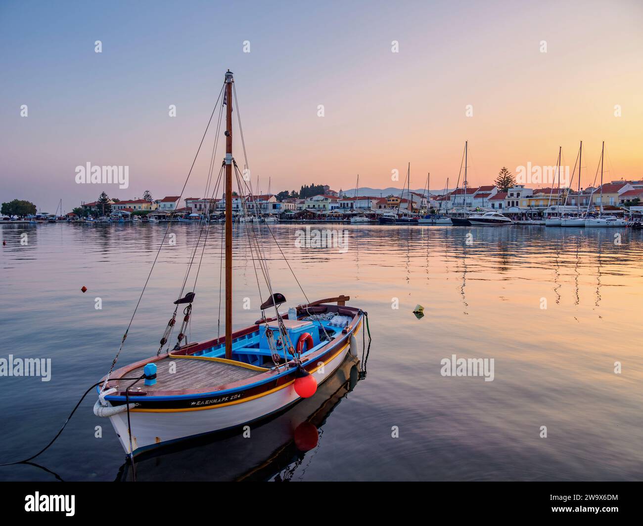 Boats at the Port of Pythagoreio, dusk, Samos Island, North Aegean, Greece Stock Photo