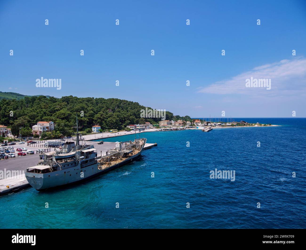 Ship at the harbour of Samos Town, Samos Island, North Aegean, Greece Stock Photo